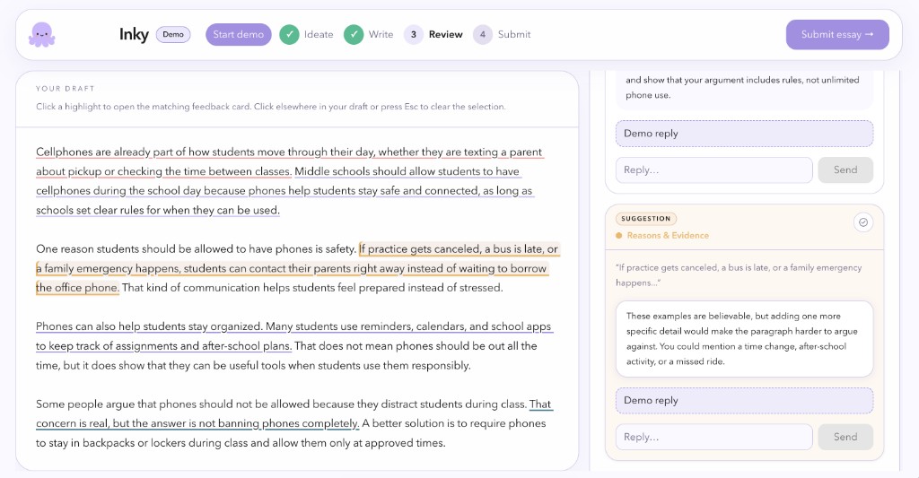 Inky review screen: draft with highlighted passages on the left, feedback suggestion cards on the right